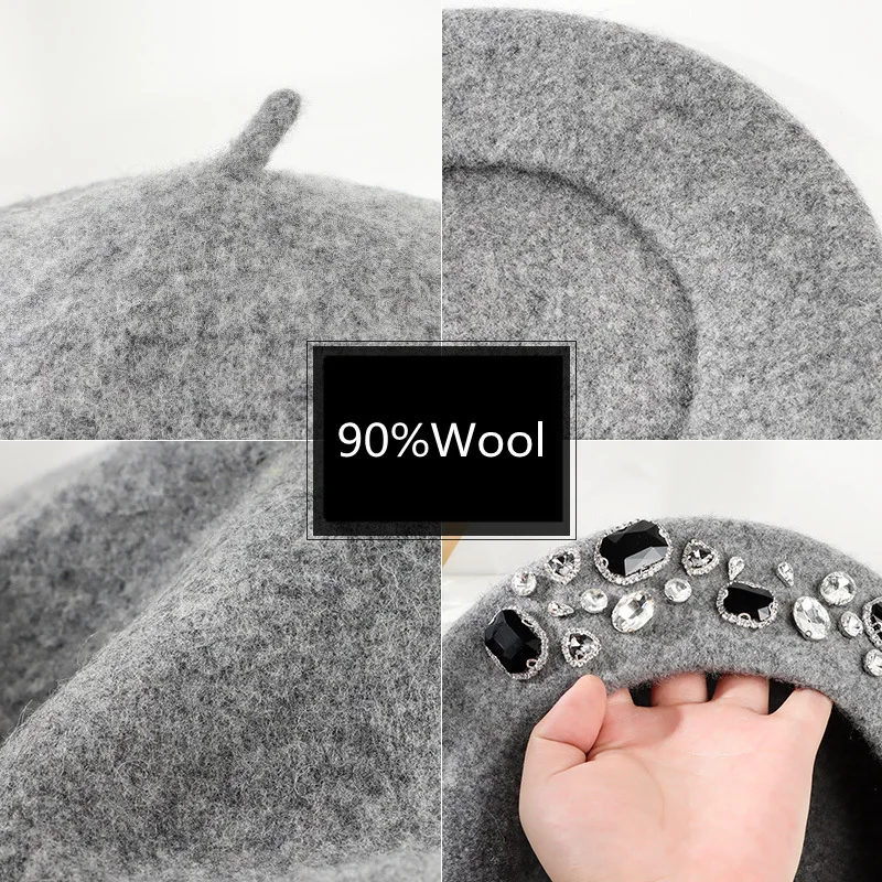 Beret French Wool - Boina francesa grossa strass decoração sem
